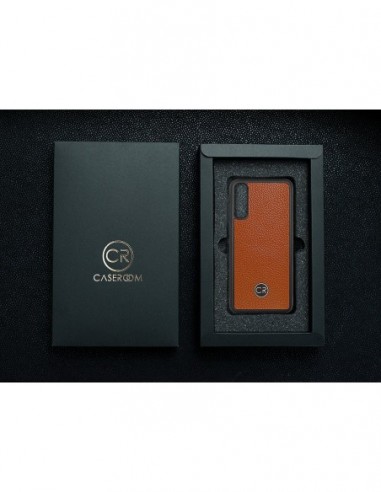 Etui premium skórzane, case na smartfon SAMSUNG GALAXY A70. Skóra floater ruda ze złotą blaszką.